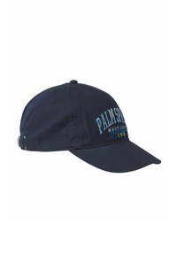 Casquette de baseball bleu marine avec un design brodé "PALM SPRINGS" en bleu clair. Dotée d'une sangle réglable et d'un bord incurvé.