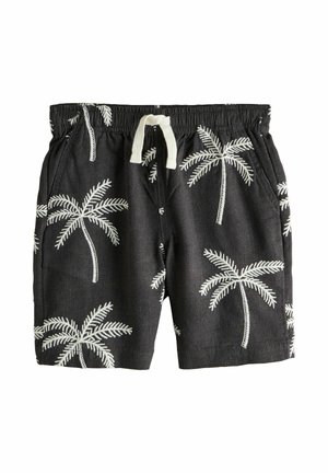 Mustad paelaga lühikesed püksid valgete palmi mustrite ja küljetaskutega, mõeldud vabaaja kandmiseks.