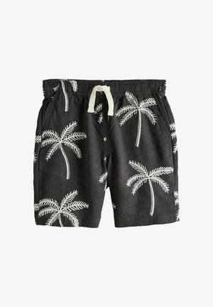 Shorts à cordon noir avec motifs de palmiers blancs et poches latérales, conçus pour une tenue décontractée.