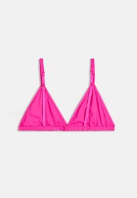 Ružový trojuholníkový bikiny top s nastaviteľnými ramienkami, textúrovanými volánmi pozdĺž okraja a hladkým, pružným materiálom. Bez vypchávok a kostíc.