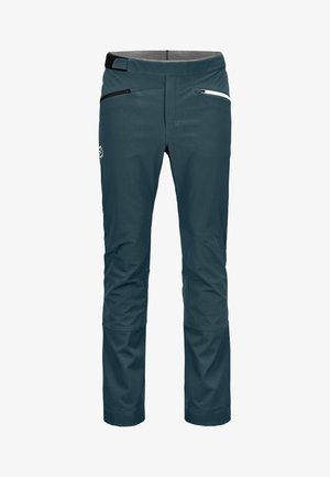 Dunkelblaue Softshell-Hosen mit glatter Textur, ausgestattet mit zwei Reißverschlusstaschen und einem schwarzen Akzent am Bund. Detaillierte Nähte sichtbar.
