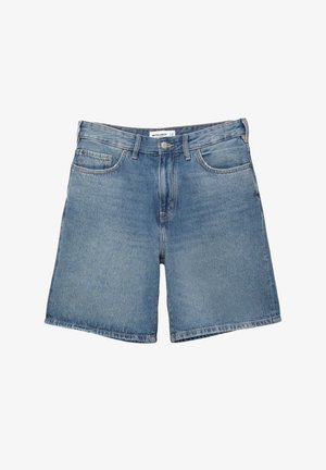 Lys blå denimshorts med et klassisk fem-lomme design, frontal knaplukning og lige snit med uferdige kanter.