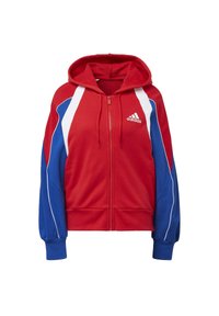 Sudadera roja con detalles en azul y blanco, cierre frontal con cremallera, textura suave, capucha con cordón y logo en el pecho, con un diseño corto.