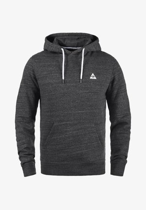 Szary polarowy hoodie z przednią kieszenią, kapturem na sznurki i trójkątnym logo na lewej piersi. Miękka tkanina o teksturowanym wyglądzie.