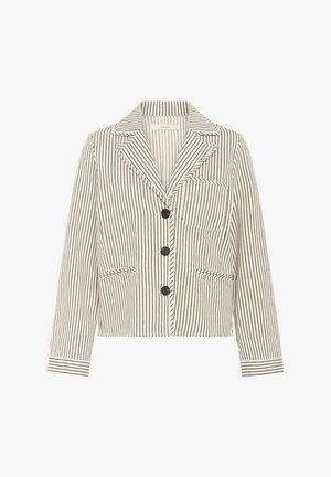 Zkrátená bunda v krémovej farbe s čiernymi vertikálnymi pruhmi. Obsahuje klopový golier, uzavretie na gombíky a dve predné vrecká. Textúrovaná látka.