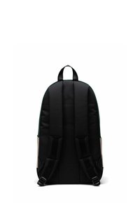 Sac à dos noir de forme arrondie. Il présente un dos rembourré, des bretelles noires réglables et une bordure contrastante verte. Tissu lisse.