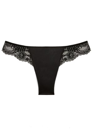 Perizoma nero in lingerie con accenti in pizzo trasparente sui lati, tessuto morbido e design minimalista.