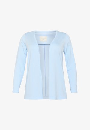 Light blue long-sleeve cardigan made from soft material, featuring an open front design and straight hem with no fasteners or patterns.