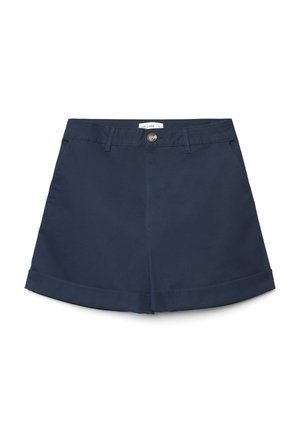 Shorts a vita alta blu marina con bottone frontale, passanti per cintura, tasche laterali e orli risvoltati.