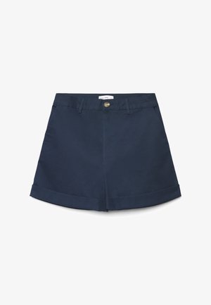 Shorts a vita alta blu marina con bottone frontale, passanti per cintura, tasche laterali e orli risvoltati.
