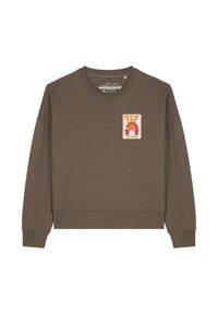 Brauner Rundhalsausschnitt-Sweatshirt mit einem kleinen Grafikaufdruck auf der vorderen Brust: ein rober Hummer, der eine dampfende Tasse Kaffee hält, beschriftet mit "DER KAFFEE".