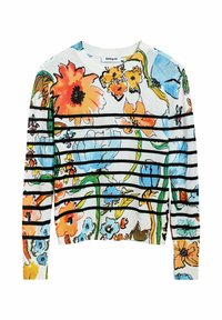 Blumenmuster-Pullover mit lebhaften Farben, darunter Orange, Blau und Grün, ergänzt durch schwarze horizontale Streifen. Gerippter Ausschnitt und Bündchen.