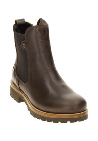 Brązowe skórzane botki za kostkę z elastycznymi panelami bocznymi, okrągłym noskiem i grubą gumową podeszwą. Posiadają pętelkę ułatwiającą zakładanie.