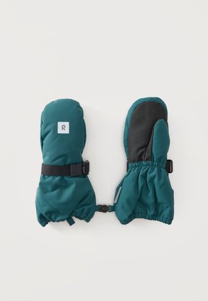 Manoplas de invierno color verde azulado con correas negras ajustables, bandas elásticas en la muñeca y un clip que las conecta, mostrando el frente y la palma.