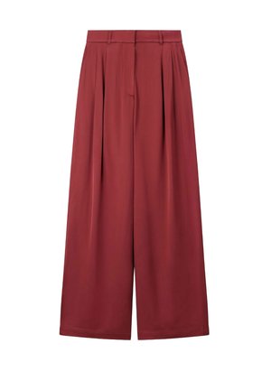 Hoge taille, wijde broekspijpen in diep rood met voorplooien en riemlussen, met een verborgen sluiting aan de voorkant.