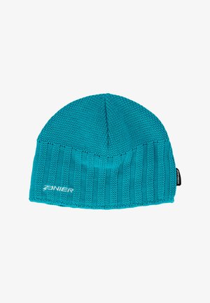 Kirkkaan turkoosi neulottu pipo pystysuuntaisella ribbineuloksella ja valkoisella "Zanier"-logolla, joka on kirjailtu reunukseen, jossa on myös pieni musta merkkilappu sivulla.