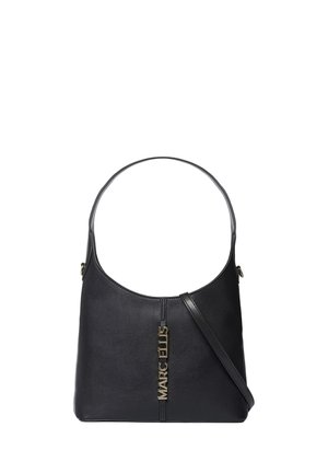 Sac à bandoulière en cuir noir avec une seule poignée et un logo vertical doré "Marc Ellis" sur le devant.