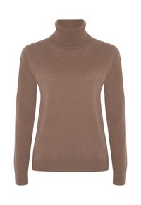 Brauner Rollkragenpullover aus weichem Strickstoff, mit langen Ärmeln und körpernahem Schnitt. Einfache, glatte Textur ohne Muster.