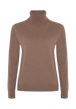 Bruine coltrui van zacht breiwerk, met lange mouwen en een aangesloten ontwerp. Eenvoudige, gladde textuur zonder patronen.