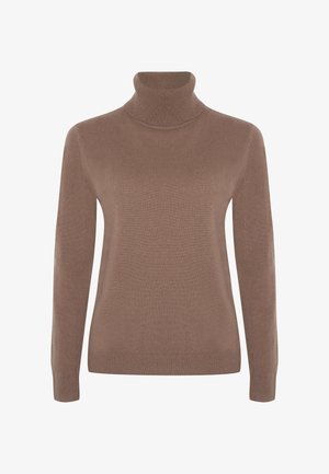 Bruine coltrui van zacht breiwerk, met lange mouwen en een aangesloten ontwerp. Eenvoudige, gladde textuur zonder patronen.