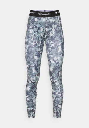 Grå kamuflasje leggings laget av elastisk stoff, med svart elastisk midjebånd med "Champion"-logo og en glatt, stilren tekstur.