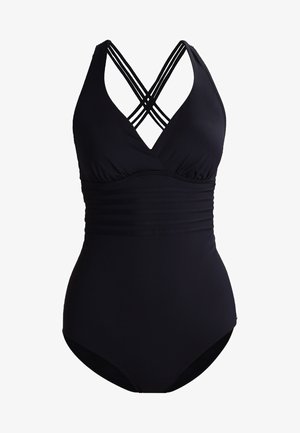 Melnas viengabala peldkostīms ar dziļu V-veida kakla izgriezumu, krustveida siksnām mugurā un savilkuma detaļu jostasvietā, lai nodrošinātu kontūru efektu.