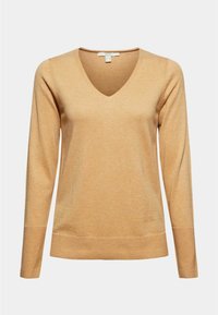 Pull beige à manches longues avec col en V, poignets et ourlet côtelés, présenté sur un fond clair uni.