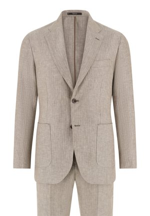 Beiger Leinenanzug für Herren mit Spitze am Revers, Front mit zwei Knöpfen, aufgesetzten Taschen und passenden Hosen, sichtbar von der Taille abwärts.