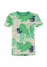 Korte mouwen t-shirt in crème met een groen en blauw tropisch bladerenpatroon. Heeft een groene ronde halslijn en een zachte katoenen textuur.