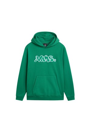 Haut à capuche vert avec une poche avant, arborant un grand logo graphique blanc "VANS" dans une police ludique. Fait en tissu doux avec une capuche à cordon.