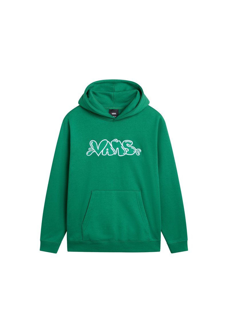 Sudadera verde con un bolsillo delantero, que presenta un gran logotipo gráfico en blanco "VANS" en una fuente divertida. Confeccionada en tejido suave y con capucha ajustable.