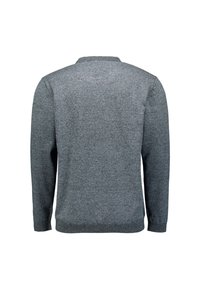 Donkergrijs gebreid sweater, lange mouwen, ronde halslijn en een subtiel textuurpatroon. Geen zichtbare graphics of hardwaredetails.