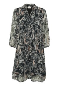 Black dress with a paisley pattern in shades of cream and coral, featuring a high collar, three-quarter sleeves, and a tiered design.