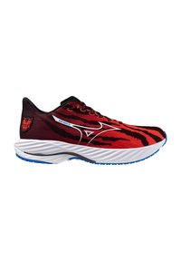 Laufschuhe mit einem rot-schwarzen Tigerstreifenmuster, synthetischem Obermaterial, weißer Zwischensohle, blauer Laufsohle und einem auffälligen Dämonenlogo an der Ferse.