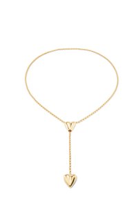 Collar de lariat dorado con dos charms en forma de corazón, uno en el centro y otro colgando, con un diseño de cadena delicada.