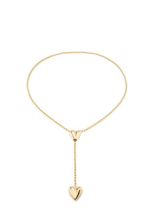 Collar de lariat dorado con dos charms en forma de corazón, uno en el centro y otro colgando, con un diseño de cadena delicada.