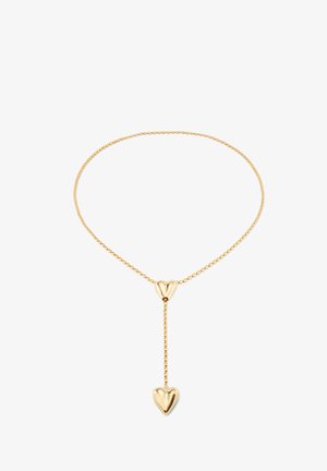 Collar de lariat dorado con dos charms en forma de corazón, uno en el centro y otro colgando, con un diseño de cadena delicada.