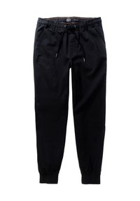 Pantaloni jogger neri con vita elastica, cordoncino, tasche laterali e polsini affusolati. Tessuto morbido con design minimale.