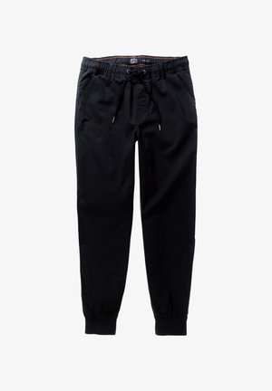 Sorte joggerbukser med elastisk talje, snoretræk, sidelommer og afsluttede ben. Glat stof med et minimalistisk design.