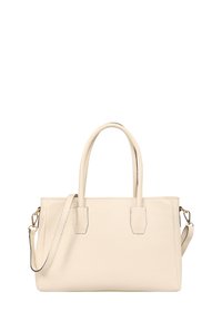 Crèmekleurige lederen handtas met twee bovenhandvatten, afneembare schouderriem, rechthoekige vorm, gladde textuur en subtiele stikdetails.