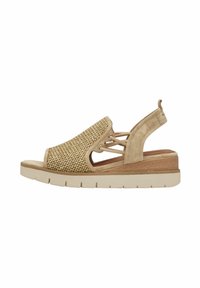 Sandali wedge beige con tomaia intrecciata, chiusura laterale elastica e cinturino posteriore. Materiali testurizzati e suola platform di colore chiaro.