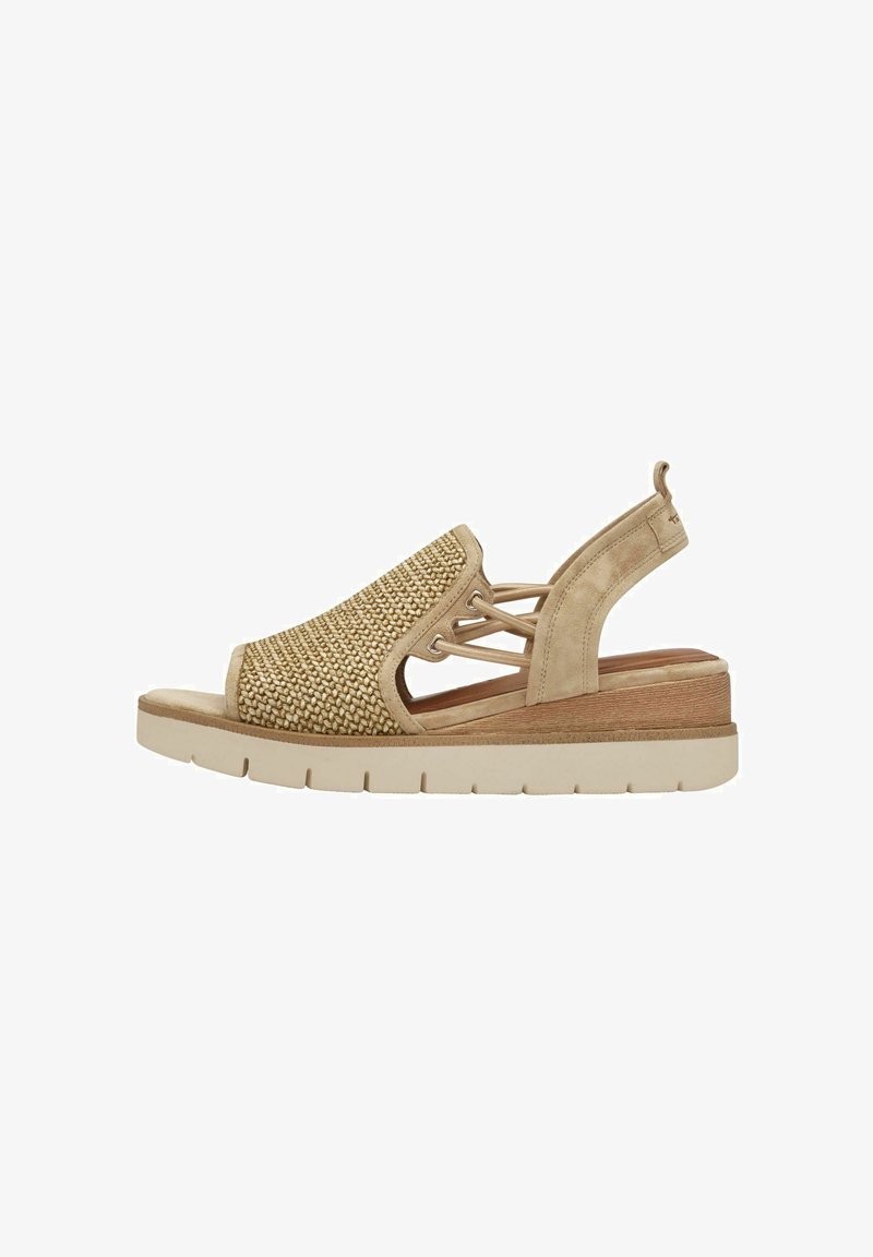 Beige wedge sandals with a woven upper, elastic side closure, and rear slingback. Textured materials and a light-colored platform sole.