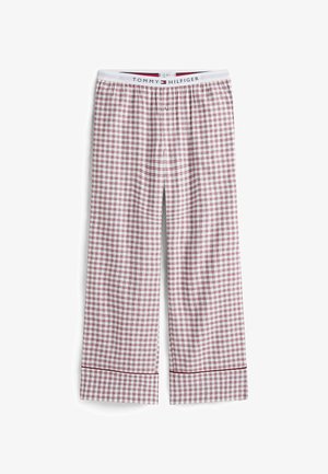 Heren pyjamabroeken in een ruitpatroon in het wit, met een rood en marineblauwe check, een elastische tailleband met logo en een recht model.