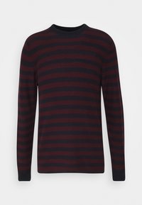 Pull à col rond à manches longues avec des rayures horizontales rouge foncé et noires, présenté sur un fond blanc uni.