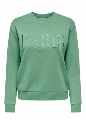 Sweat-shirt vert à manches longues avec poignets et ourlet côtelés, avec un grand texte cousu "PARIS" sur la poitrine.