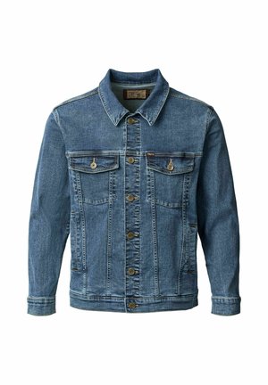 Chaqueta de mezclilla azul con cierre de botones, dos bolsillos en el pecho con solapa y botones, bolsillos laterales y cuello clásico.