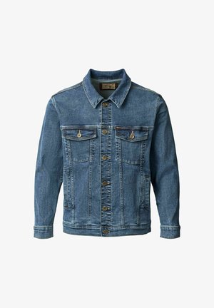 Sininen farkkutakki, jossa napitettu edusta, kaksi rintataskua läppineen ja nappeineen, sivutaskut sekä klassinen kaulus.