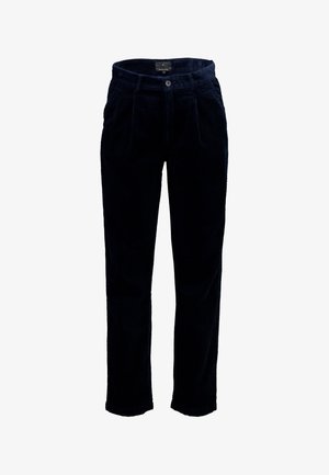 Pantaloni in corduroy blu navy con design a gamba dritta, dotati di una cintura e chiusura con un singolo bottone. Tessuto testurizzato con rigatura distintiva.