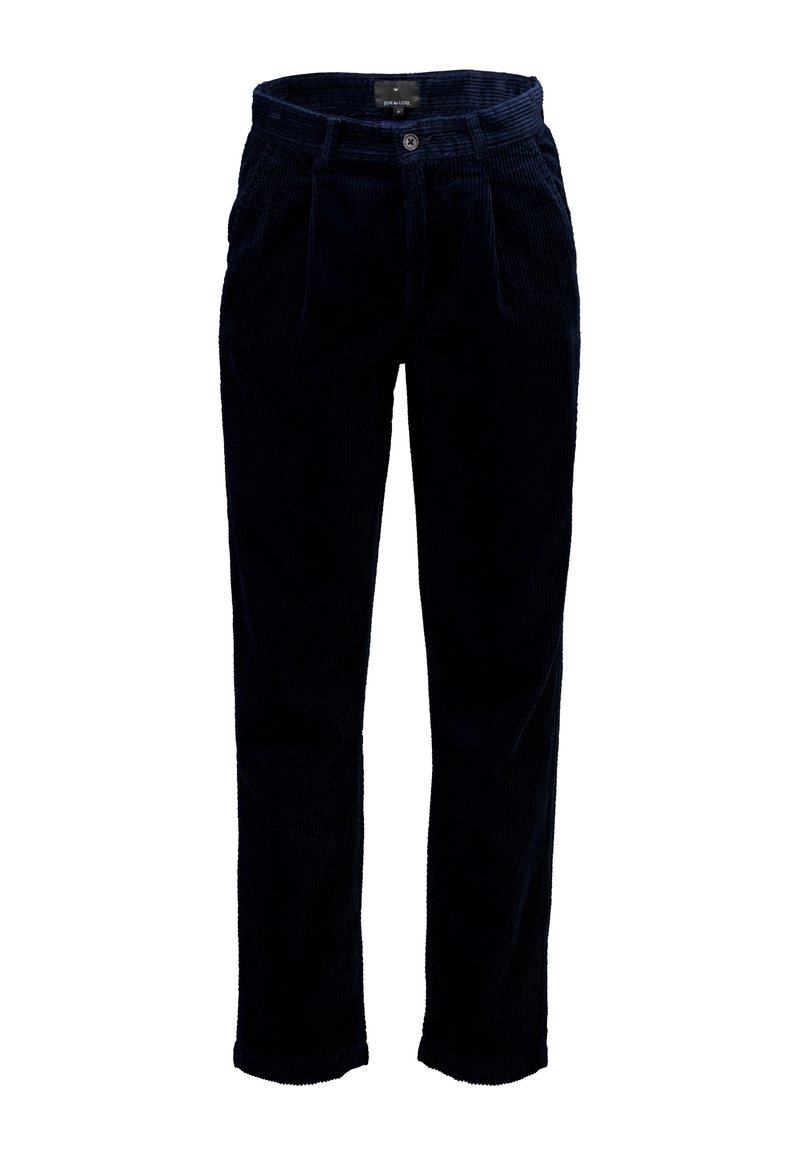 Marineblauwe corduroybroek met een rechte pijpdesign, voorzien van een tailleband en een enkele knoopsluiting. Getextureerde stof met duidelijke ribbels.