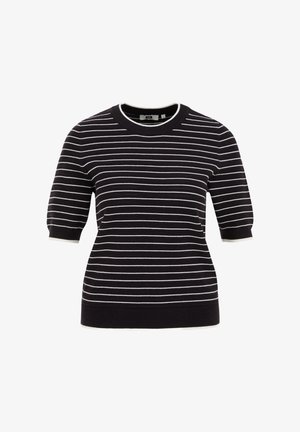 Cotton-blend short-sleeve sweater with a round neck, featuring navy blue and white horizontal stripes and contrasting white cuffs.
